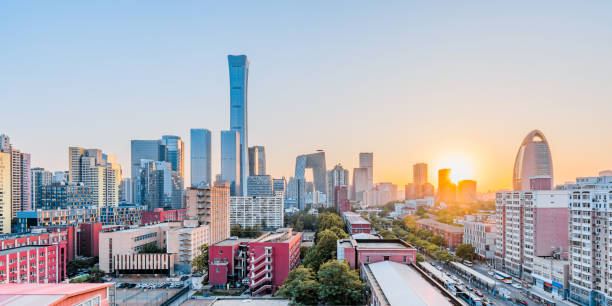istock High angle dusk view of Beijing International Trade CBD Building Complex, China 2108114110