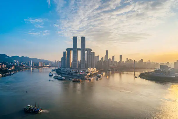 Dusk Scenary of Chaotianmen City Skyline and Cruise Lines in Chongqing, China