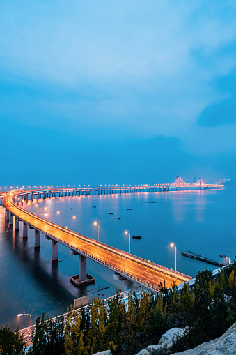 Night view of Xinghai Bay Bridge in Dalian, Liaoning Province, China