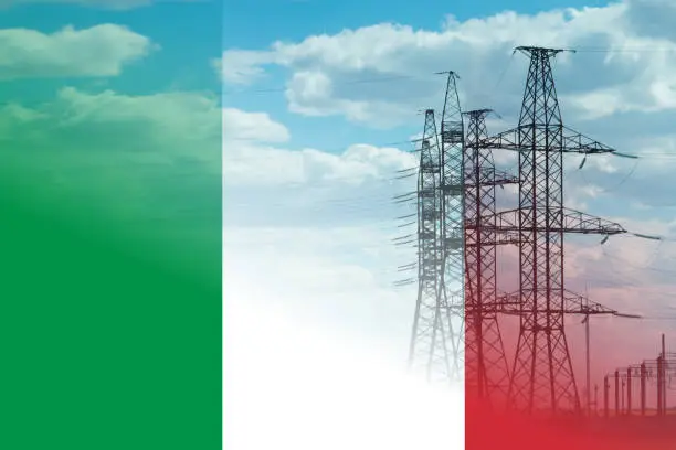 Italy flag and electricity pylon mixed image. Expensive electricity concept. High costs for energy.