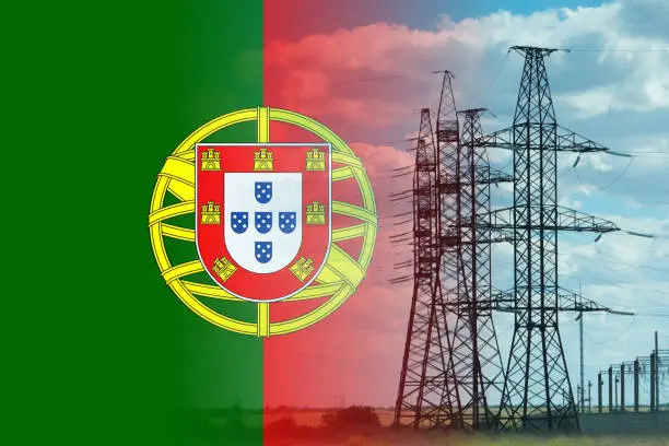 Portugal flag and electricity pylon mixed image. Expensive electricity concept. High costs for energy.