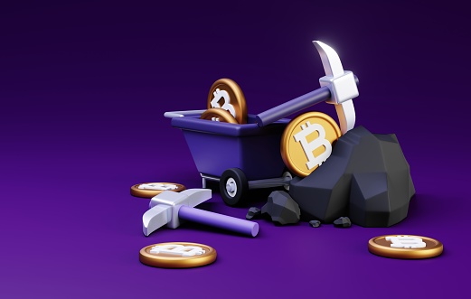 Minecart filled with bitcoin coins and pickaxe symbolizes process of cryptocurrency mining. presentations, website designs related cryptocurrency and blockchain technology. 3D render illustration.