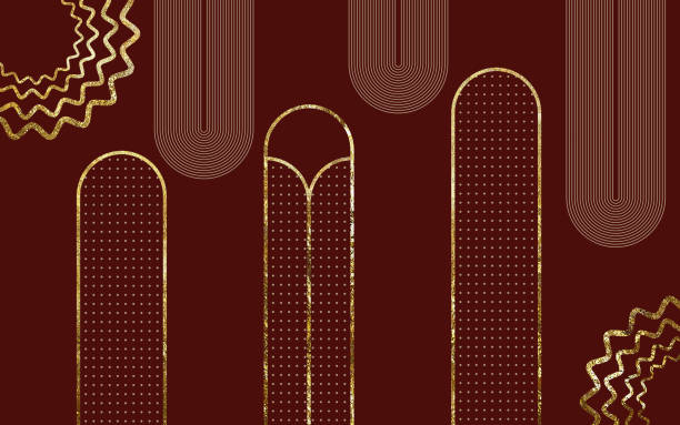 3d illustration wall decor canvas flat art golden shapes circles and lines minimalist wallpaper mural design on dark red background