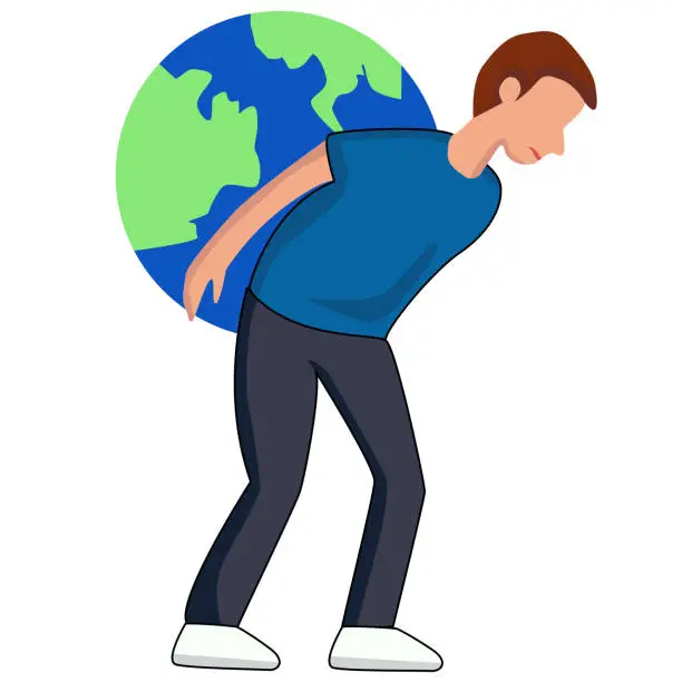 Vector illustration of A man who is carrying a heavy burden of world.
 vector illustration