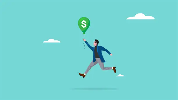 Vector illustration of reach financial freedom, Achieve financial goals with successful business or investment return, happy businessman jumping to catch balloon with dollar money concept illustration