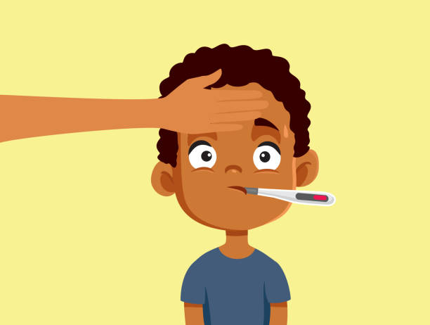 Mom Taking Temperature of her Sick Son Vector Illustration Parent checking a little child with traditional and professional method fever stock illustrations