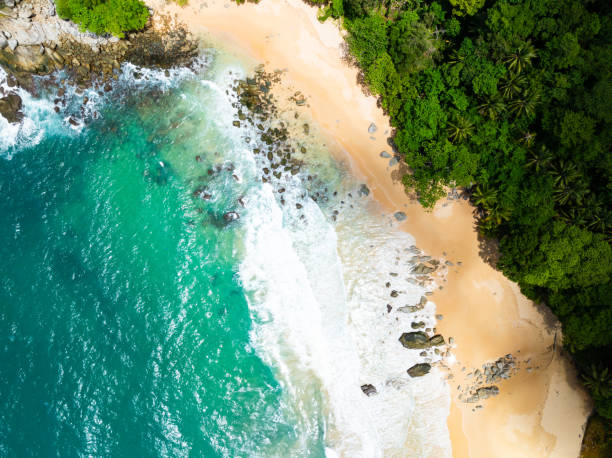 istock Top view beach with waves crashing on sandy shore,Beautiful waves sea surface in summer seascape background,Amazing beach colorful water background 2108354349