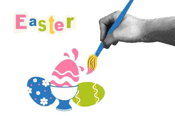 Vector illustration of Trendy halftone collage Hand with a brush dyes eggs for bright Easter. Social media communication, invitation template, congratulations.Abstract template.