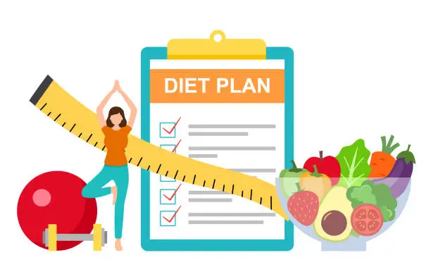 Vector illustration of Diet plan schedule with healthy food and exercise items.