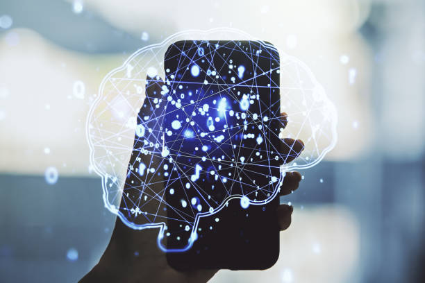 istock Creative artificial Intelligence concept with human brain sketch and hand with mobile phone on background. Double exposure 2108390668