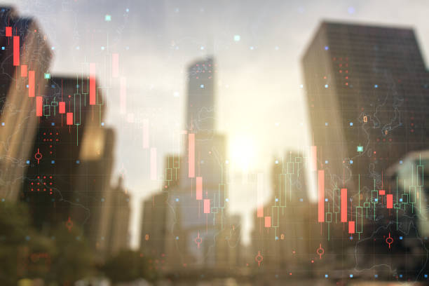 istock Abstract virtual crisis chart illustration on office buildings background. Global crisis and bankruptcy concept. Multiexposure 2108390674