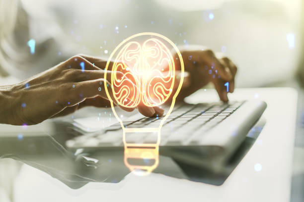 istock Double exposure of creative light bulb hologram with human brain and with hands typing on laptop on background, idea and brainstorming concept 2108391187