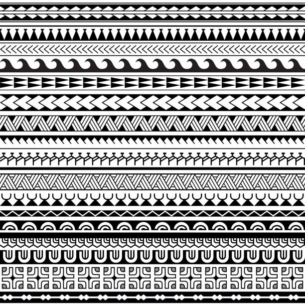 마오리 폴리네시아 문신 라인 팔찌 전통 장식품 테두리 세트. 부족 슬리브 완벽 한 패턴 벡터입니다. - maori tattoo indigenous culture human face stock illustrations