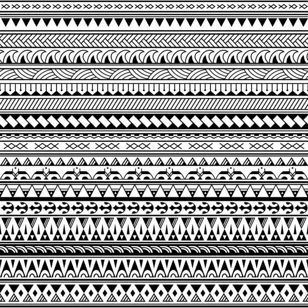 Vector illustration of Set of maori polynesian tattoo line bracelets traditional ornaments border. Tribal sleeve seamless pattern vector.