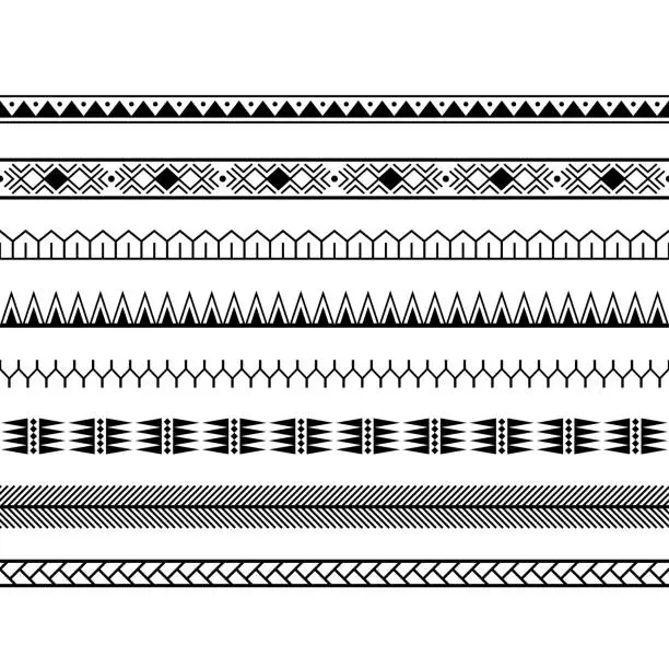Vector illustration of Set of maori polynesian tattoo line bracelets traditional ornaments border. Tribal sleeve seamless pattern vector.