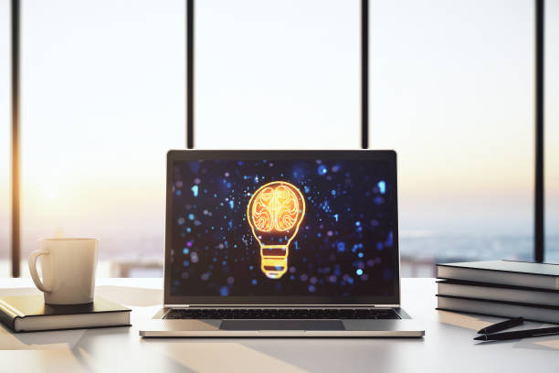 Creative light bulb with human brain hologram on modern laptop monitor, artificial Intelligence and neural networks concept. 3D Rendering