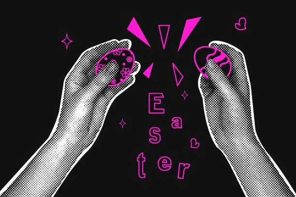 Vector illustration of Trendy halftone collage on dark background. Hands with painted eggs for easter holiday. Easter greeting. Social media communication, invitation template, greetings.Abstract template.