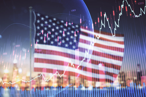 Multi exposure of abstract financial diagram and world map on US flag and city background, banking and accounting concept