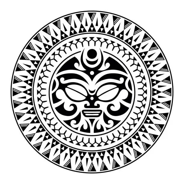 Vector illustration of Round tattoo ornament with sun face maori style. African, aztecs or mayan ethnic mask.