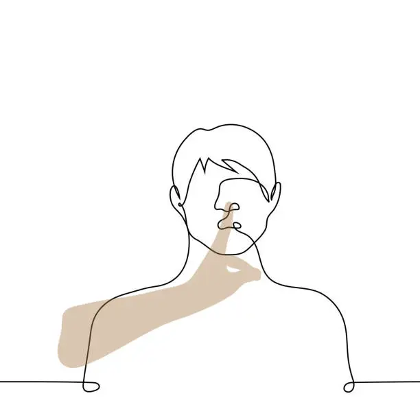 Vector illustration of talking man put index finger to his mouth - one line drawing vector. concept shut your mouth, call for silence
