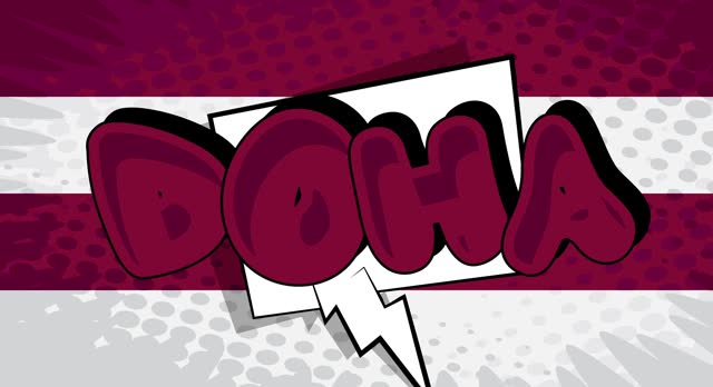 Doha, Capiatl City of Qatar. Motion poster. 4k animated Comic book word, text moving on abstract comics background.