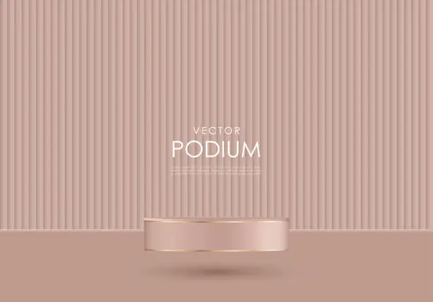 Vector illustration of Luxurious background cylindrical 3D podium with gold elements for product demonstration. Podium, pedestal for cosmetics, perfumes and jewelry