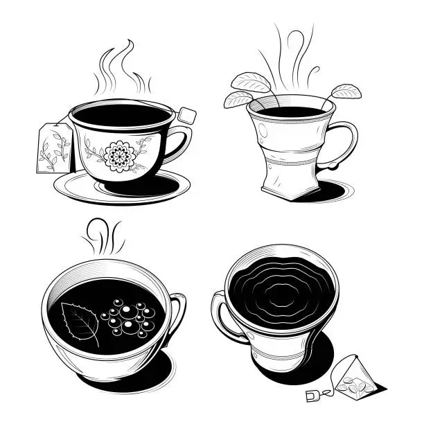 Vector illustration of Set Abstract Collection Hand Drawn Kitchen Stuff A Cup Of Tea Doodle Concept Vector Design Outline Style On White Background Isolated For Cooking