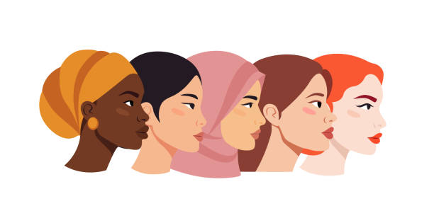 illustrazioni stock, clip art, cartoni animati e icone di tendenza di donne. gruppo di donne di diversa etnia, religione, colore della pelle e capelli. concetto di uguaglianza, giornata internazionale della donna, attivismo, femminismo. ritratti di diverse donne di profilo. - 24424