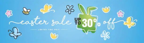 Vector illustration of Spring Easter Sale up to 30 percent off handwritten typography lettering line design bunny speech bubble colorful flowers butterflies tulips blue greeting card