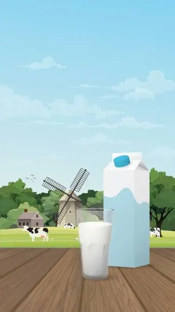 Vector illustration of A glass of milk with milk package on wooden table have old farm windmill and livestock background. Dairy product concept vector illustration vertical shape have blank space.