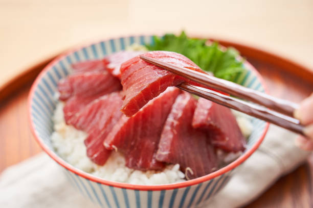 Japanese food : Tuna on rice topped with soy sauce