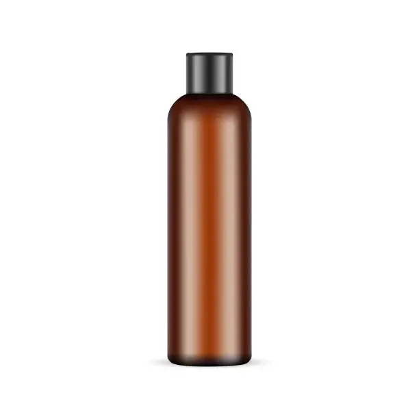 Vector illustration of Amber Cosmetic Bottle Mockup With Black Plastic Cap. Shampoo Or Shower Gel Packaging