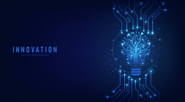 innovation. idee und lösung technologiekonzept. eine glühbirne von der gepunkteten platine auf der dunkelblauen. abstraktes cyber- und digital-computer-innovationskonzept. geschäftliche innovation und kreative idee. - verbesserung stock-grafiken, -clipart, -cartoons und -symbole