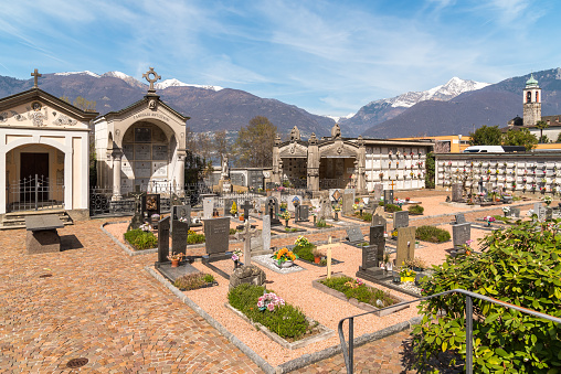Vira Gambarogno, Ticino, Switzerland - March 21, 2024: View of the public cemetery Vira, Gambarogno in the canton of Ticino.