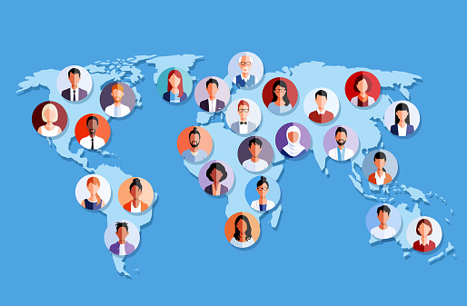 Diverse multi ethnic people icons on a world map. Population, society, social media and global communications concept.