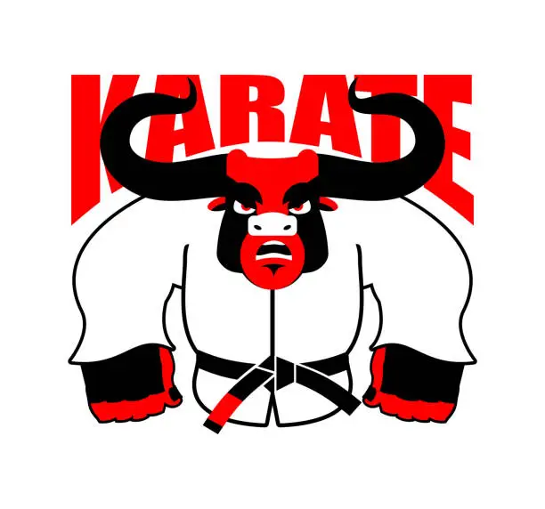 Vector illustration of Karate Bull mascot. Buffalo in judo kimono. Angry sport animal