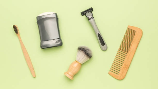 istock Men's body care kit on a light green background. 2108689030