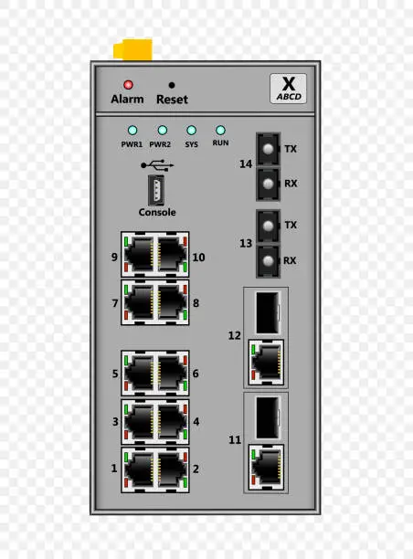 Vector illustration of Industrial Ethernet switch for DIN rail mounting. Contains 10 Ethernet RJ-45 ports, 2 fiber optic single-mode SC ports, 2 COMBO SFP+RJ-45 ports, one USB console port.