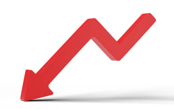 istock 3D Down Red Arrow. Falls and declines chart sign isolated on white background. 2108703855
