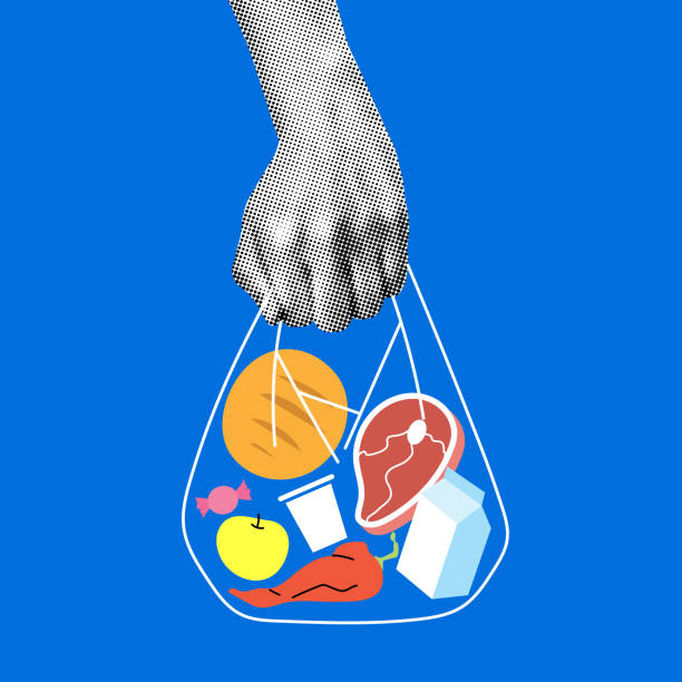 Retro halftone hand holding bag of food. Cost of living. Modern collage. Hand holds a package with vegetables, fruits, meat, bread, milk. Food price inflation. Person carries food