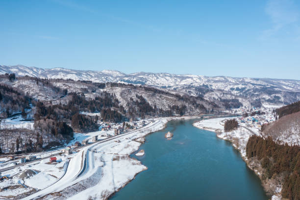 istock Drone footage: Beautiful nature and Chikuma River on a sunny winter day 2108741987