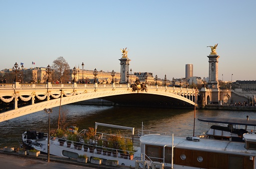 The famous Alexandre III Bridge at sunset in Paris, France