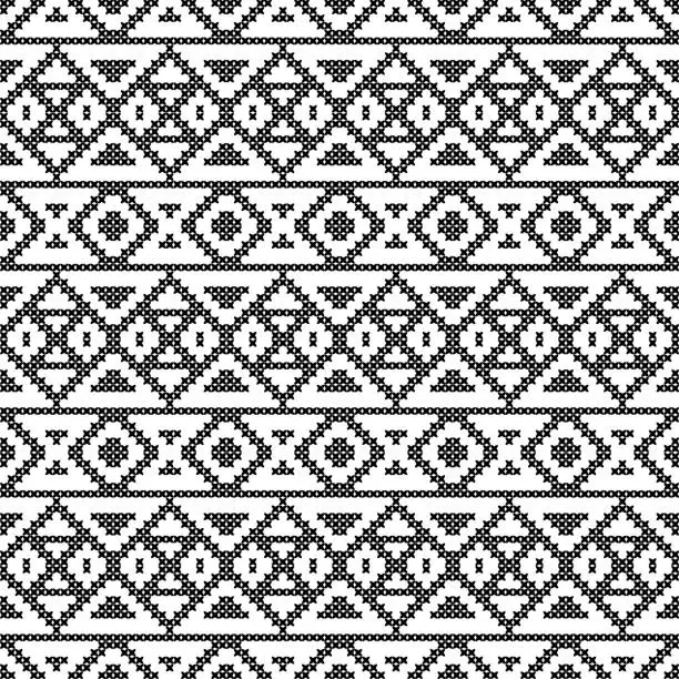 Vector illustration of Black and white geometrical background with hand drawn decorative tribal elements.