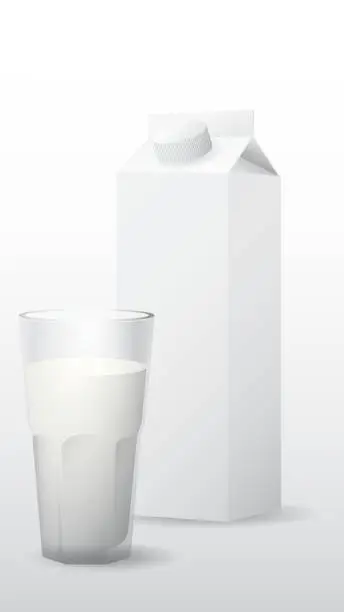 Vector illustration of A glass of milk with milk package isolated on white background. Dairy product concept vector illustration vertical shape have blank space.