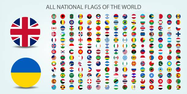 alle nationalflaggen der welt. runde form mit schattenflagge isoliert auf weißem hintergrund - flags of the world stock-grafiken, -clipart, -cartoons und -symbole