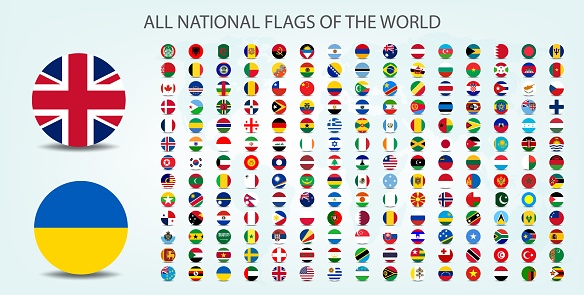All national flags of the world.  round shape with shadow flag isolated on white background