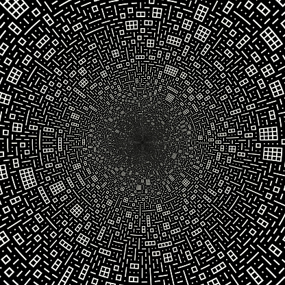 Intricate abstract design of a QR code styled tunnel in a black and white monochrome pattern.