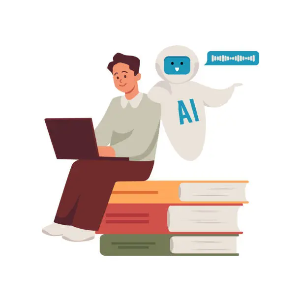 Vector illustration of Man with laptop sitting on a stack of books, AI assistance robot chat bot, education with Artificial intelligence vector