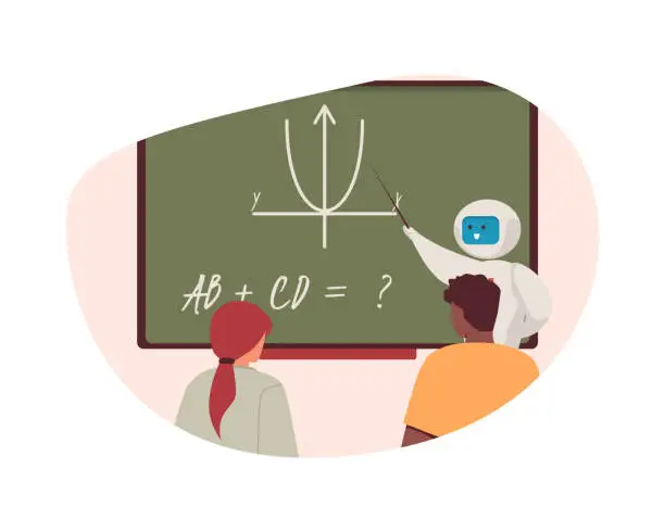 Vector illustration of AI in digital learning, teaching children flat illustration.