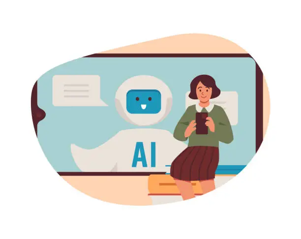 Vector illustration of Student girl with smartphone, vector chat bot ai robotic assistance on the screen, studying with Artificial intelligence